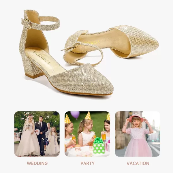 Girls Sandals Closed Toe High Heels Formal Dress Shoes Ankle Strap Pointed Toe Heeled for Little Big Kids in Wedding Party Comfortable Thick Heels Block Chunky Pump ShoesClassic Glitter Gold
