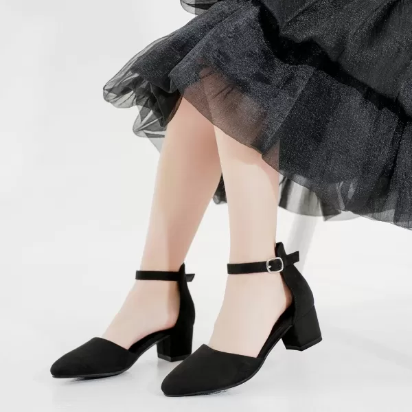 Girls Sandals Closed Toe High Heels Formal Dress Shoes Ankle Strap Pointed Toe Heeled for Little Big Kids in Wedding Party Comfortable Thick Heels Block Chunky Pump ShoesClassic Suede Black