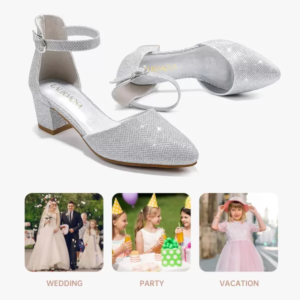 Girls Sandals Closed Toe High Heels Formal Dress Shoes Ankle Strap Pointed Toe Heeled for Little Big Kids in Wedding Party Comfortable Thick Heels Block Chunky Pump ShoesClassic Glitter Silver