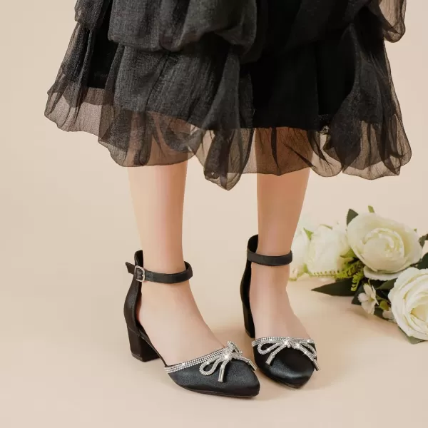 Girls Sandals Closed Toe High Heels Pointed Toe Ankle Strap Pumps Flower Girl Dressy Shoes in Wedding Party Cute Bowknot Chunky Block Heeled for Little Big KidsBow Satin Black