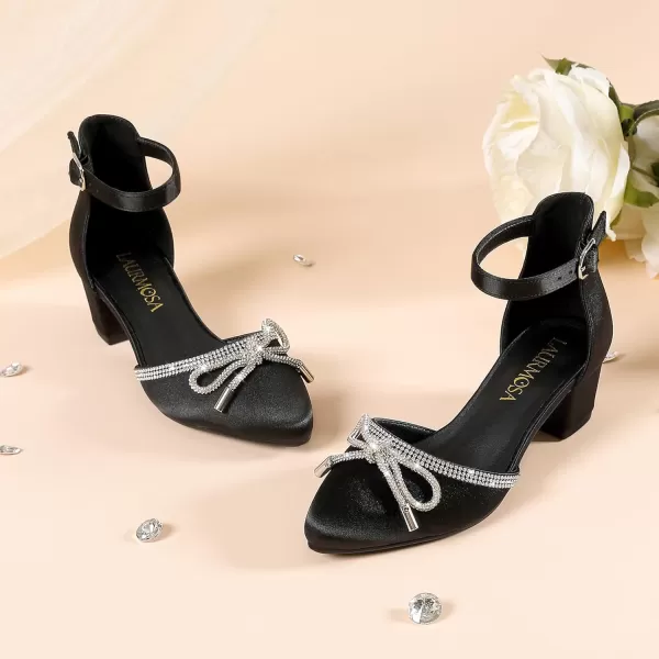 Girls Sandals Closed Toe High Heels Pointed Toe Ankle Strap Pumps Flower Girl Dressy Shoes in Wedding Party Cute Bowknot Chunky Block Heeled for Little Big KidsBow Satin Black