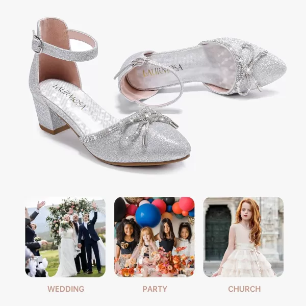 Girls Sandals Closed Toe High Heels Pointed Toe Ankle Strap Pumps Flower Girl Dressy Shoes in Wedding Party Cute Bowknot Chunky Block Heeled for Little Big KidsBow Shimmer Silver