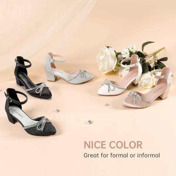 Girls Sandals Closed Toe High Heels Pointed Toe Ankle Strap Pumps Flower Girl Dressy Shoes in Wedding Party Cute Bowknot Chunky Block Heeled for Little Big KidsBow Shimmer Silver