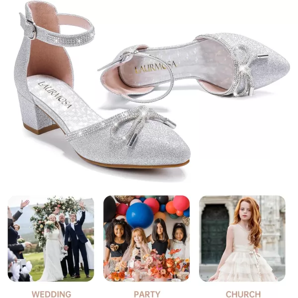 Girls Sandals Closed Toe High Heels Pointed Toe Ankle Strap Pumps Flower Girl Dressy Shoes in Wedding Party Cute Bowknot Chunky Block Heeled for Little Big KidsRhinestone Shimmer Silver