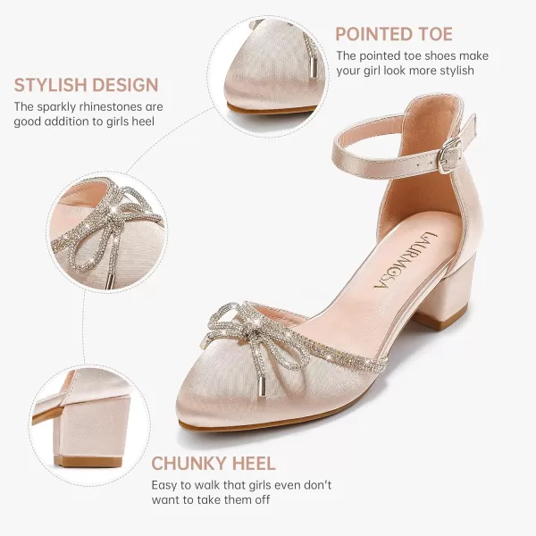 Girls Sandals Closed Toe High Heels Pointed Toe Ankle Strap Pumps Flower Girl Dressy Shoes in Wedding Party Cute Bowknot Chunky Block Heeled for Little Big KidsBow Satin Aprocit