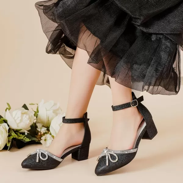 Girls Sandals Closed Toe High Heels Pointed Toe Ankle Strap Pumps Flower Girl Dressy Shoes in Wedding Party Cute Bowknot Chunky Block Heeled for Little Big KidsBow Shimmer Black