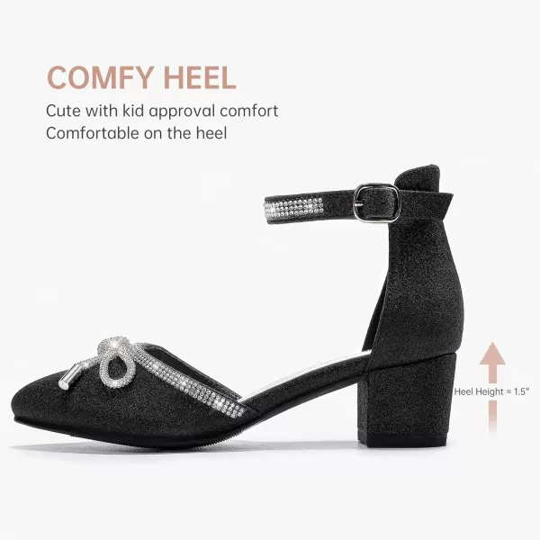Girls Sandals Closed Toe High Heels Pointed Toe Ankle Strap Pumps Flower Girl Dressy Shoes in Wedding Party Cute Bowknot Chunky Block Heeled for Little Big KidsRhinestone Shimmer Black