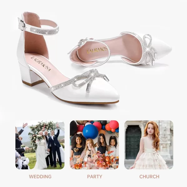 Girls Sandals Closed Toe High Heels Pointed Toe Ankle Strap Pumps Flower Girl Dressy Shoes in Wedding Party Cute Bowknot Chunky Block Heeled for Little Big KidsRhinestone Patent White