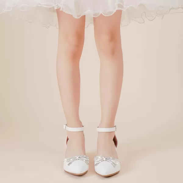 Girls Sandals Closed Toe High Heels Pointed Toe Ankle Strap Pumps Flower Girl Dressy Shoes in Wedding Party Cute Bowknot Chunky Block Heeled for Little Big KidsBow Pu White