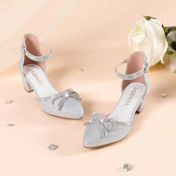 Girls Sandals Closed Toe High Heels Pointed Toe Ankle Strap Pumps Flower Girl Dressy Shoes in Wedding Party Cute Bowknot Chunky Block Heeled for Little Big KidsRhinestone Shimmer Silver