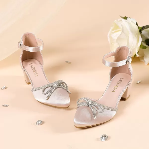 Girls Sandals Closed Toe High Heels Pointed Toe Ankle Strap Pumps Flower Girl Dressy Shoes in Wedding Party Cute Bowknot Chunky Block Heeled for Little Big KidsBow Satin Aprocit