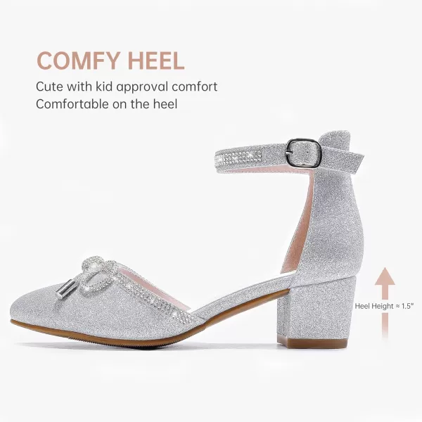 Girls Sandals Closed Toe High Heels Pointed Toe Ankle Strap Pumps Flower Girl Dressy Shoes in Wedding Party Cute Bowknot Chunky Block Heeled for Little Big KidsRhinestone Shimmer Silver