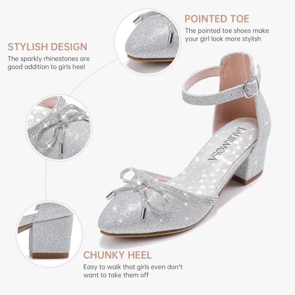 Girls Sandals Closed Toe High Heels Pointed Toe Ankle Strap Pumps Flower Girl Dressy Shoes in Wedding Party Cute Bowknot Chunky Block Heeled for Little Big KidsBow Shimmer Silver