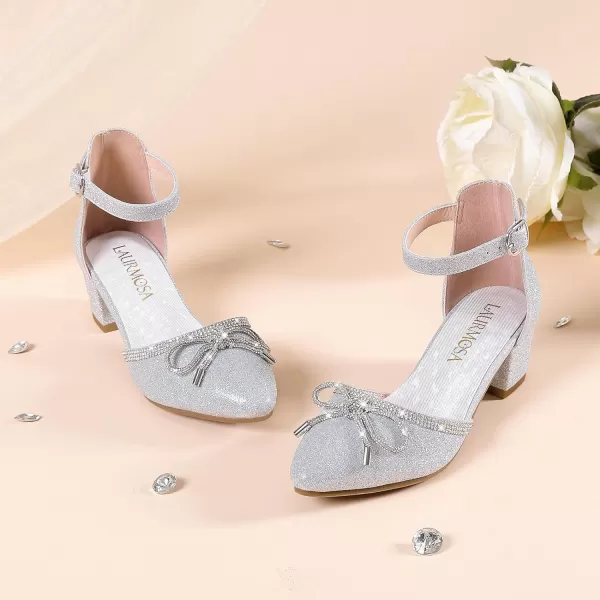 Girls Sandals Closed Toe High Heels Pointed Toe Ankle Strap Pumps Flower Girl Dressy Shoes in Wedding Party Cute Bowknot Chunky Block Heeled for Little Big KidsBow Shimmer Silver