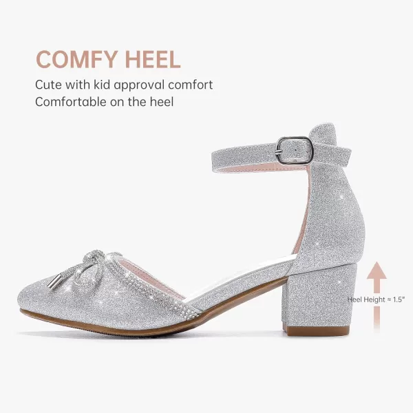 Girls Sandals Closed Toe High Heels Pointed Toe Ankle Strap Pumps Flower Girl Dressy Shoes in Wedding Party Cute Bowknot Chunky Block Heeled for Little Big KidsBow Shimmer Silver