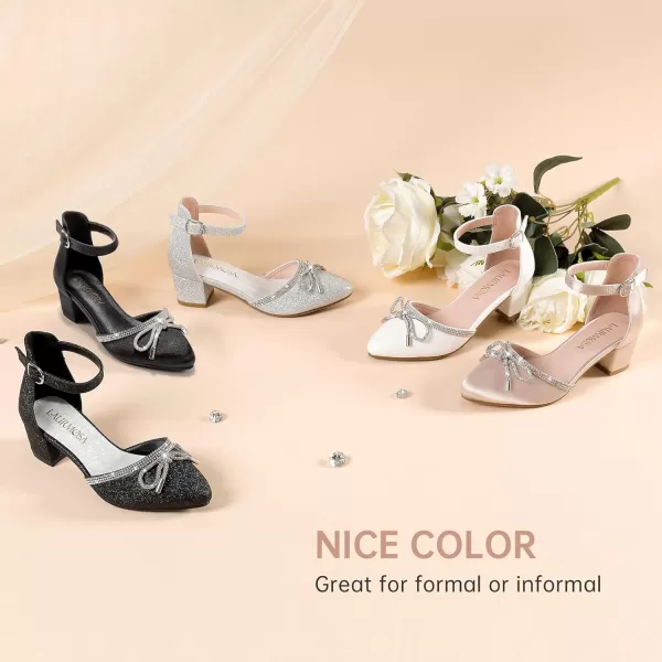 Girls Sandals Closed Toe High Heels Pointed Toe Ankle Strap Pumps Flower Girl Dressy Shoes in Wedding Party Cute Bowknot Chunky Block Heeled for Little Big KidsBow Pu White