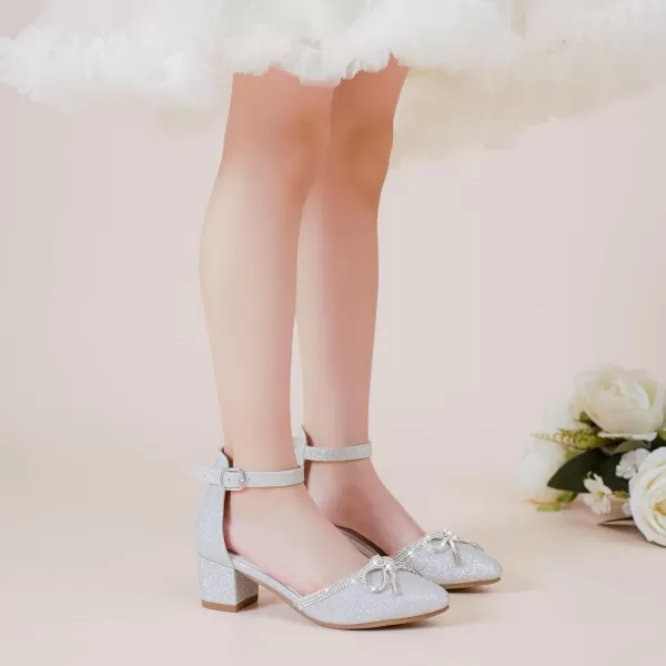 Girls Sandals Closed Toe High Heels Pointed Toe Ankle Strap Pumps Flower Girl Dressy Shoes in Wedding Party Cute Bowknot Chunky Block Heeled for Little Big KidsBow Shimmer Silver