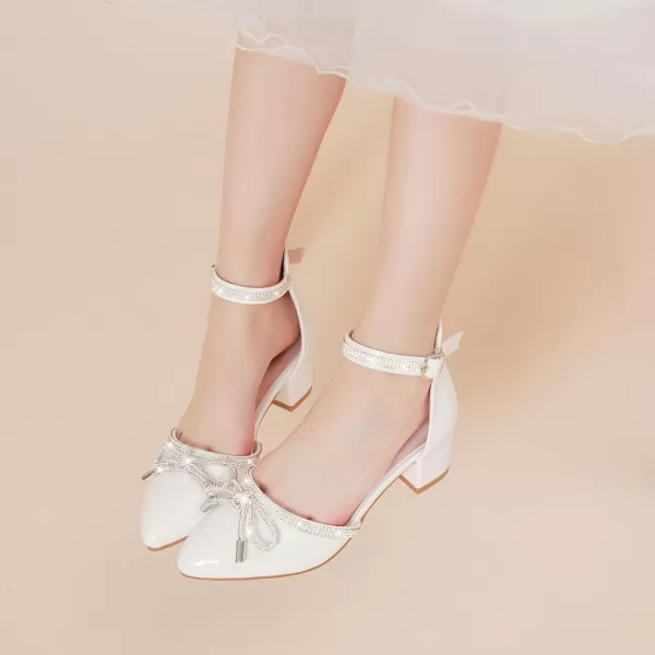 Girls Sandals Closed Toe High Heels Pointed Toe Ankle Strap Pumps Flower Girl Dressy Shoes in Wedding Party Cute Bowknot Chunky Block Heeled for Little Big KidsRhinestone Patent White