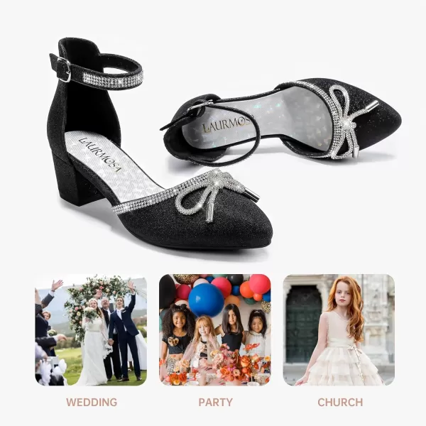 Girls Sandals Closed Toe High Heels Pointed Toe Ankle Strap Pumps Flower Girl Dressy Shoes in Wedding Party Cute Bowknot Chunky Block Heeled for Little Big KidsRhinestone Shimmer Black