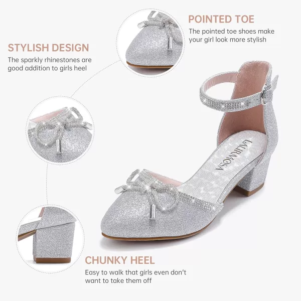 Girls Sandals Closed Toe High Heels Pointed Toe Ankle Strap Pumps Flower Girl Dressy Shoes in Wedding Party Cute Bowknot Chunky Block Heeled for Little Big KidsRhinestone Shimmer Silver