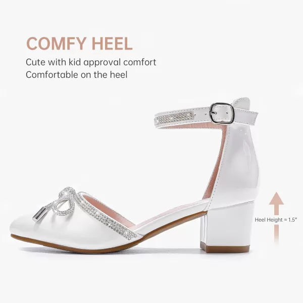 Girls Sandals Closed Toe High Heels Pointed Toe Ankle Strap Pumps Flower Girl Dressy Shoes in Wedding Party Cute Bowknot Chunky Block Heeled for Little Big KidsRhinestone Patent White