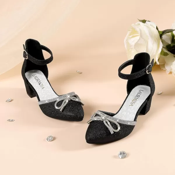 Girls Sandals Closed Toe High Heels Pointed Toe Ankle Strap Pumps Flower Girl Dressy Shoes in Wedding Party Cute Bowknot Chunky Block Heeled for Little Big KidsBow Shimmer Black