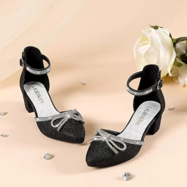 Girls Sandals Closed Toe High Heels Pointed Toe Ankle Strap Pumps Flower Girl Dressy Shoes in Wedding Party Cute Bowknot Chunky Block Heeled for Little Big KidsRhinestone Shimmer Black