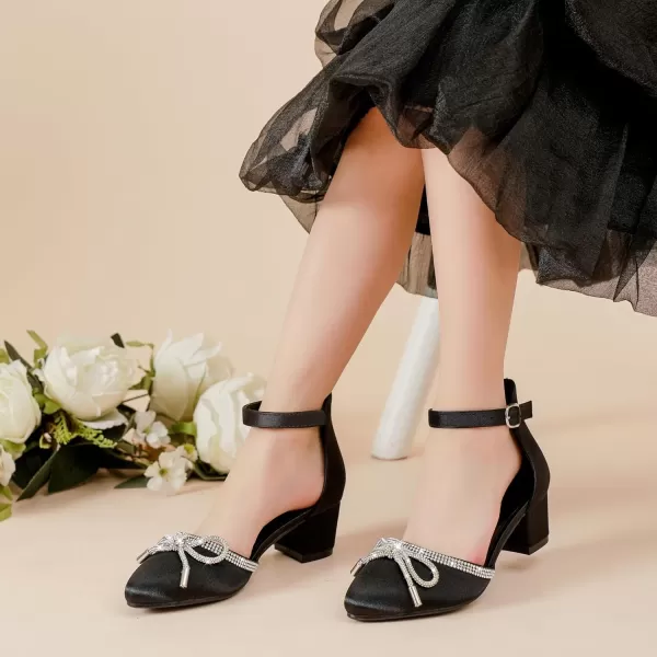 Girls Sandals Closed Toe High Heels Pointed Toe Ankle Strap Pumps Flower Girl Dressy Shoes in Wedding Party Cute Bowknot Chunky Block Heeled for Little Big KidsBow Satin Black