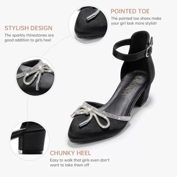 Girls Sandals Closed Toe High Heels Pointed Toe Ankle Strap Pumps Flower Girl Dressy Shoes in Wedding Party Cute Bowknot Chunky Block Heeled for Little Big KidsBow Satin Black