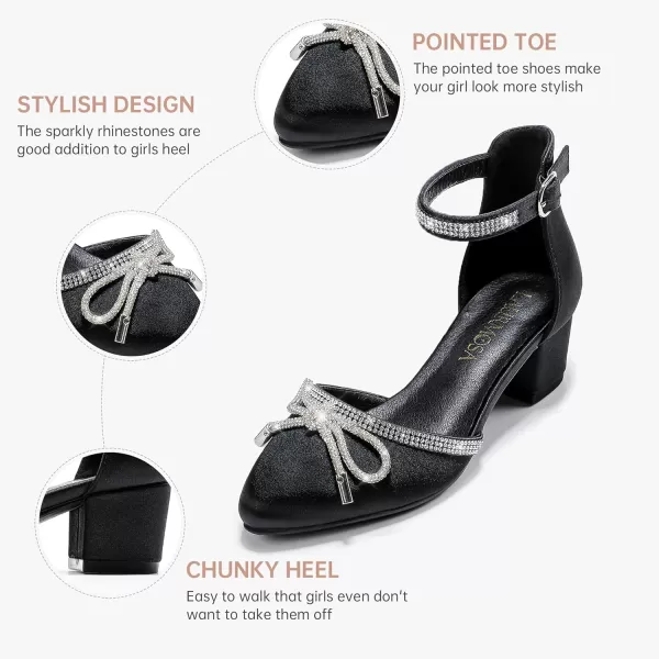 Girls Sandals Closed Toe High Heels Pointed Toe Ankle Strap Pumps Flower Girl Dressy Shoes in Wedding Party Cute Bowknot Chunky Block Heeled for Little Big KidsRhinestone Satin Black