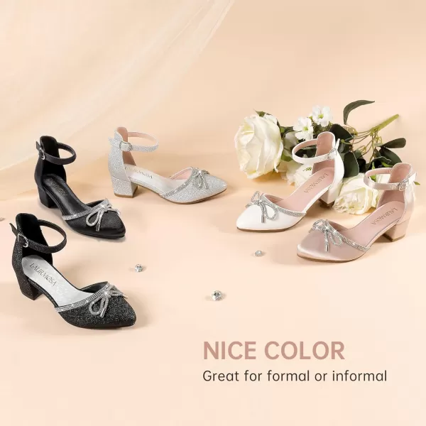 Girls Sandals Closed Toe High Heels Pointed Toe Ankle Strap Pumps Flower Girl Dressy Shoes in Wedding Party Cute Bowknot Chunky Block Heeled for Little Big KidsBow Shimmer Black