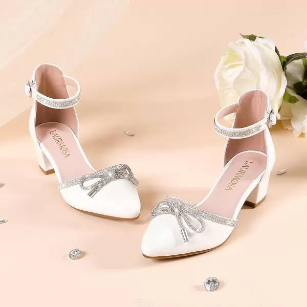 Girls Sandals Closed Toe High Heels Pointed Toe Ankle Strap Pumps Flower Girl Dressy Shoes in Wedding Party Cute Bowknot Chunky Block Heeled for Little Big KidsRhinestone Patent White