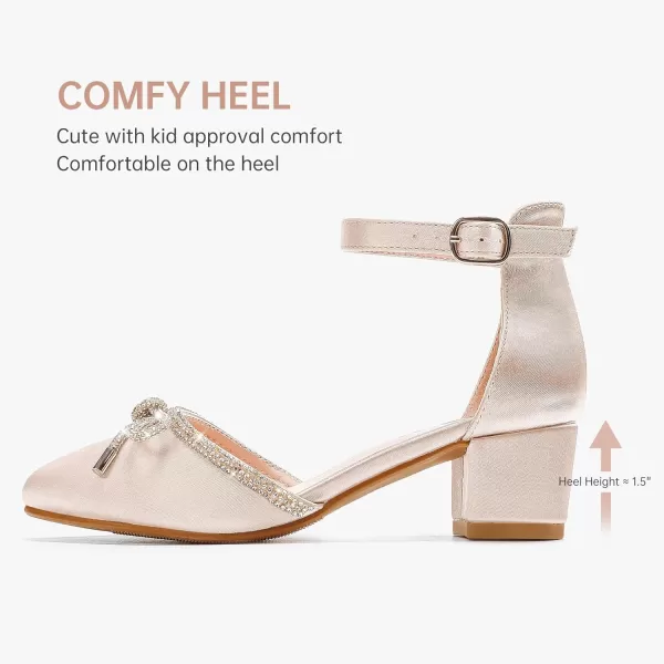 Girls Sandals Closed Toe High Heels Pointed Toe Ankle Strap Pumps Flower Girl Dressy Shoes in Wedding Party Cute Bowknot Chunky Block Heeled for Little Big KidsBow Satin Aprocit