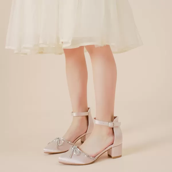 Girls Sandals Closed Toe High Heels Pointed Toe Ankle Strap Pumps Flower Girl Dressy Shoes in Wedding Party Cute Bowknot Chunky Block Heeled for Little Big KidsBow Satin Aprocit