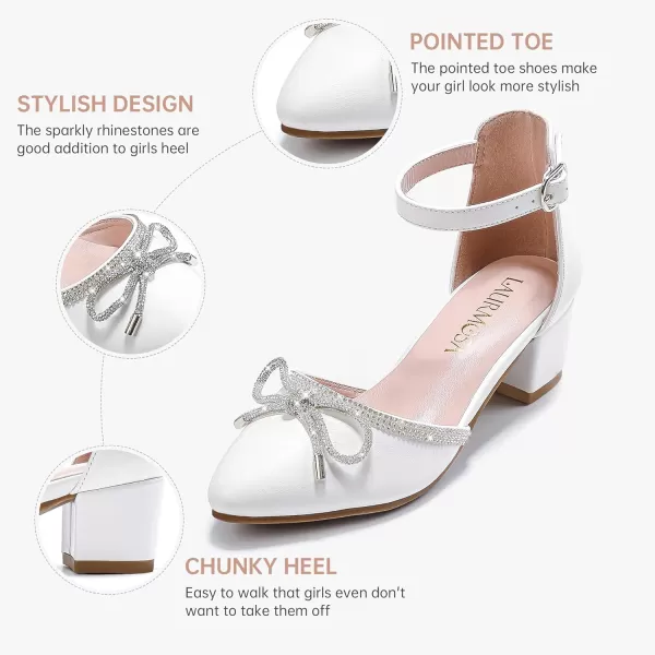 Girls Sandals Closed Toe High Heels Pointed Toe Ankle Strap Pumps Flower Girl Dressy Shoes in Wedding Party Cute Bowknot Chunky Block Heeled for Little Big KidsBow Pu White