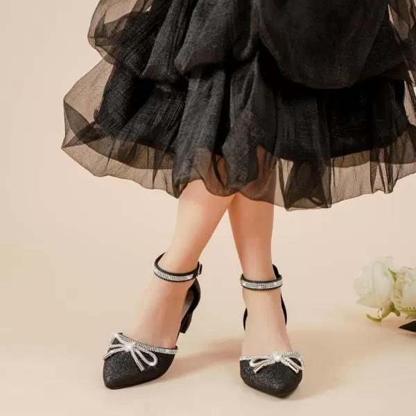 Girls Sandals Closed Toe High Heels Pointed Toe Ankle Strap Pumps Flower Girl Dressy Shoes in Wedding Party Cute Bowknot Chunky Block Heeled for Little Big KidsRhinestone Shimmer Black