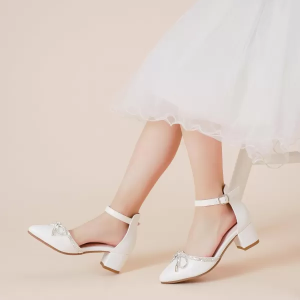 Girls Sandals Closed Toe High Heels Pointed Toe Ankle Strap Pumps Flower Girl Dressy Shoes in Wedding Party Cute Bowknot Chunky Block Heeled for Little Big KidsBow Pu White