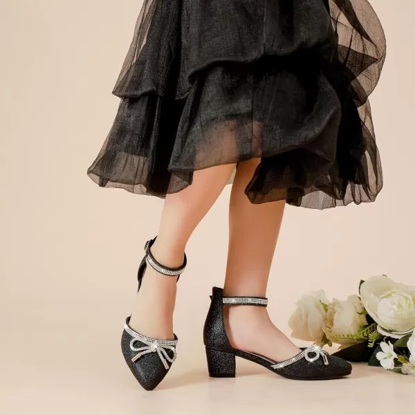 Girls Sandals Closed Toe High Heels Pointed Toe Ankle Strap Pumps Flower Girl Dressy Shoes in Wedding Party Cute Bowknot Chunky Block Heeled for Little Big KidsRhinestone Shimmer Black