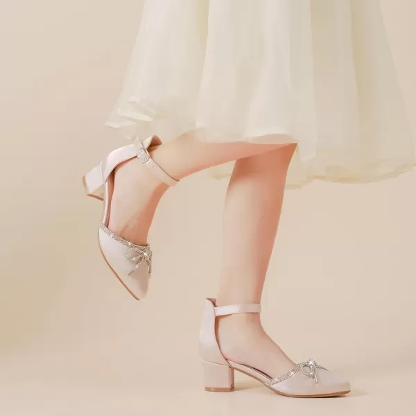Girls Sandals Closed Toe High Heels Pointed Toe Ankle Strap Pumps Flower Girl Dressy Shoes in Wedding Party Cute Bowknot Chunky Block Heeled for Little Big KidsBow Satin Aprocit