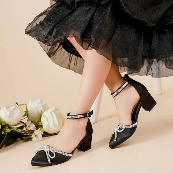 Girls Sandals Closed Toe High Heels Pointed Toe Ankle Strap Pumps Flower Girl Dressy Shoes in Wedding Party Cute Bowknot Chunky Block Heeled for Little Big KidsRhinestone Satin Black