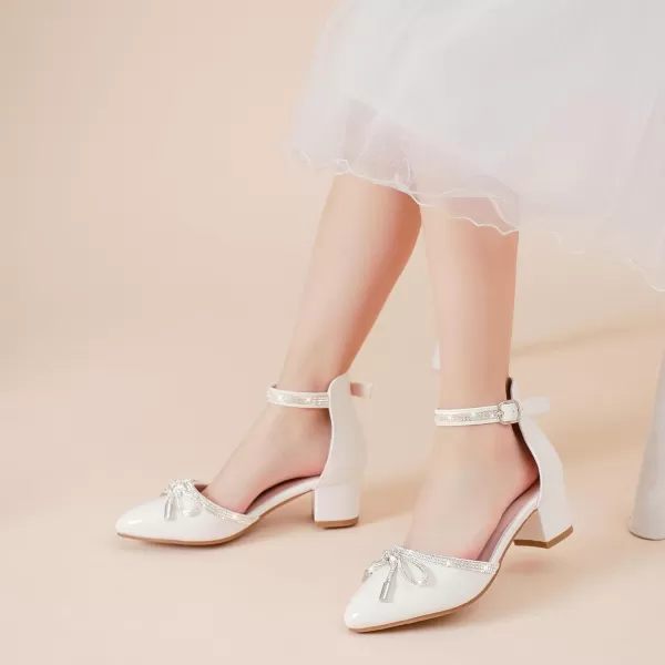 Girls Sandals Closed Toe High Heels Pointed Toe Ankle Strap Pumps Flower Girl Dressy Shoes in Wedding Party Cute Bowknot Chunky Block Heeled for Little Big KidsRhinestone Patent White