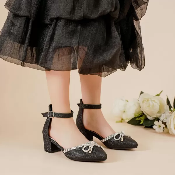 Girls Sandals Closed Toe High Heels Pointed Toe Ankle Strap Pumps Flower Girl Dressy Shoes in Wedding Party Cute Bowknot Chunky Block Heeled for Little Big KidsBow Shimmer Black