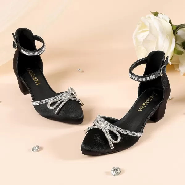Girls Sandals Closed Toe High Heels Pointed Toe Ankle Strap Pumps Flower Girl Dressy Shoes in Wedding Party Cute Bowknot Chunky Block Heeled for Little Big KidsRhinestone Satin Black