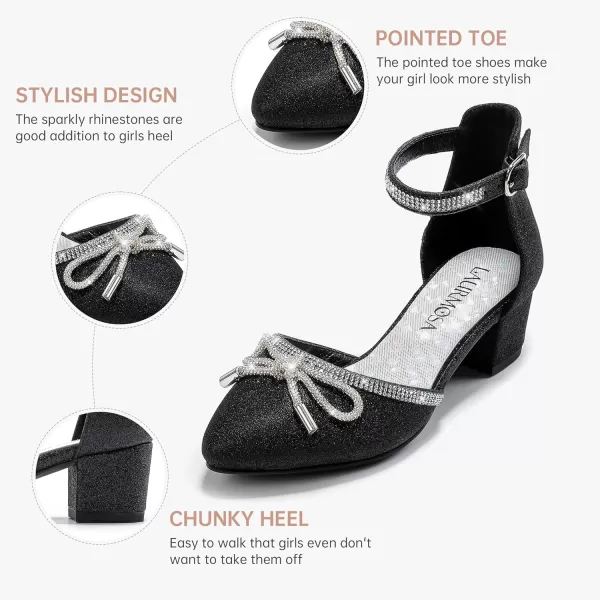 Girls Sandals Closed Toe High Heels Pointed Toe Ankle Strap Pumps Flower Girl Dressy Shoes in Wedding Party Cute Bowknot Chunky Block Heeled for Little Big KidsRhinestone Shimmer Black