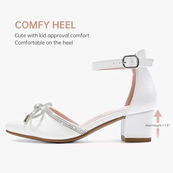Girls Sandals Closed Toe High Heels Pointed Toe Ankle Strap Pumps Flower Girl Dressy Shoes in Wedding Party Cute Bowknot Chunky Block Heeled for Little Big KidsBow Pu White