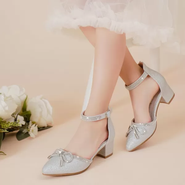 Girls Sandals Closed Toe High Heels Pointed Toe Ankle Strap Pumps Flower Girl Dressy Shoes in Wedding Party Cute Bowknot Chunky Block Heeled for Little Big KidsRhinestone Shimmer Silver