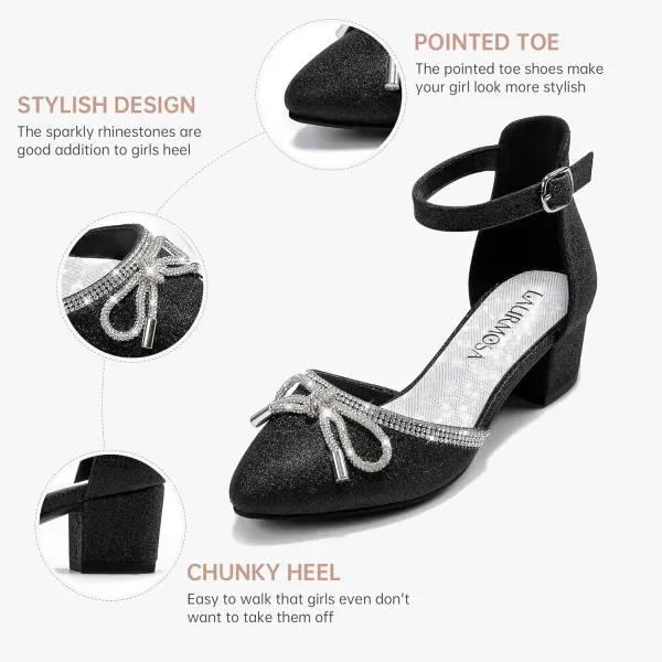 Girls Sandals Closed Toe High Heels Pointed Toe Ankle Strap Pumps Flower Girl Dressy Shoes in Wedding Party Cute Bowknot Chunky Block Heeled for Little Big KidsBow Shimmer Black