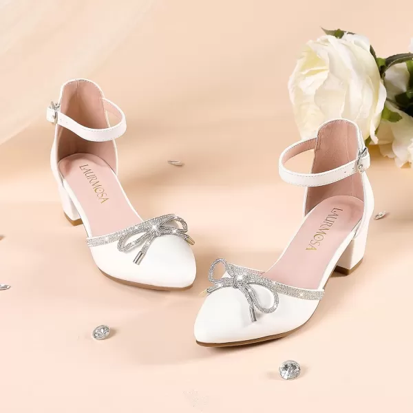 Girls Sandals Closed Toe High Heels Pointed Toe Ankle Strap Pumps Flower Girl Dressy Shoes in Wedding Party Cute Bowknot Chunky Block Heeled for Little Big KidsBow Pu White