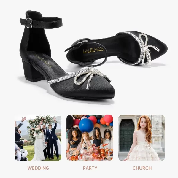 Girls Sandals Closed Toe High Heels Pointed Toe Ankle Strap Pumps Flower Girl Dressy Shoes in Wedding Party Cute Bowknot Chunky Block Heeled for Little Big KidsBow Satin Black