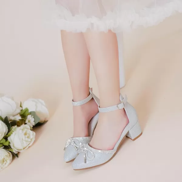 Girls Sandals Closed Toe High Heels Pointed Toe Ankle Strap Pumps Flower Girl Dressy Shoes in Wedding Party Cute Bowknot Chunky Block Heeled for Little Big KidsBow Shimmer Silver